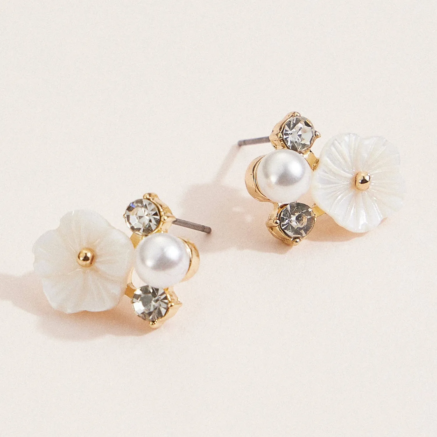 Floral Pearl & Crystal Gold Stud Earrings