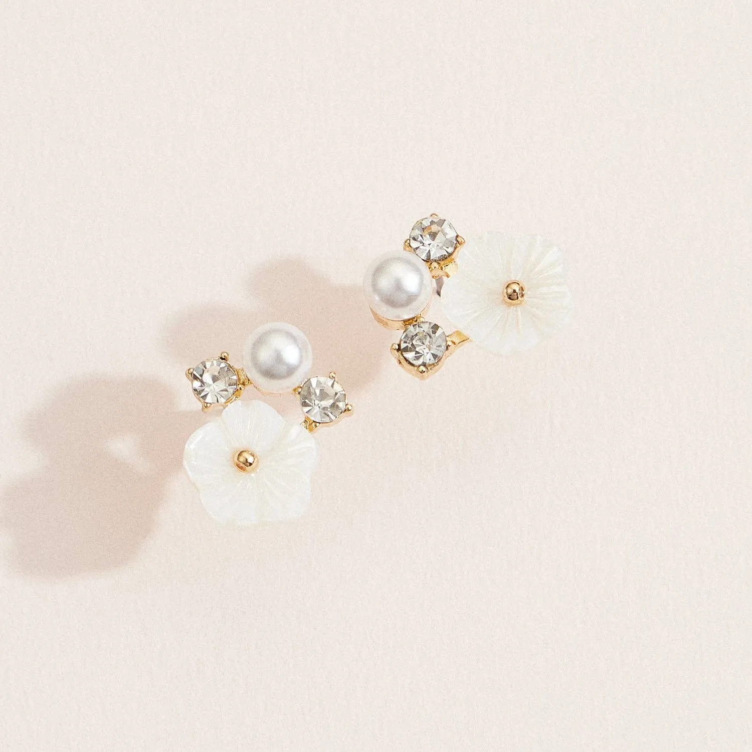 Floral Pearl & Crystal Gold Stud Earrings