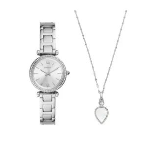 Fossil Women's Carlie Three-Hand Stainless Steel Watch and Necklace Set