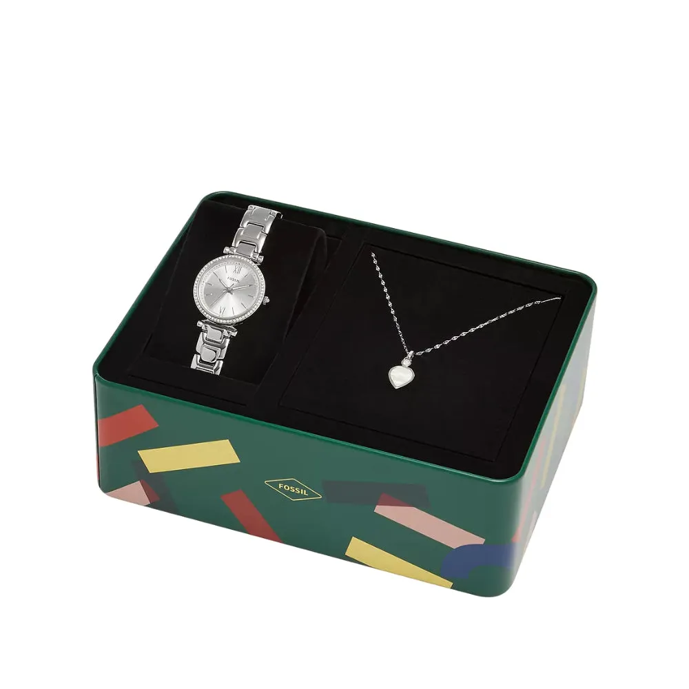 Fossil Women's Carlie Three-Hand Stainless Steel Watch and Necklace Set