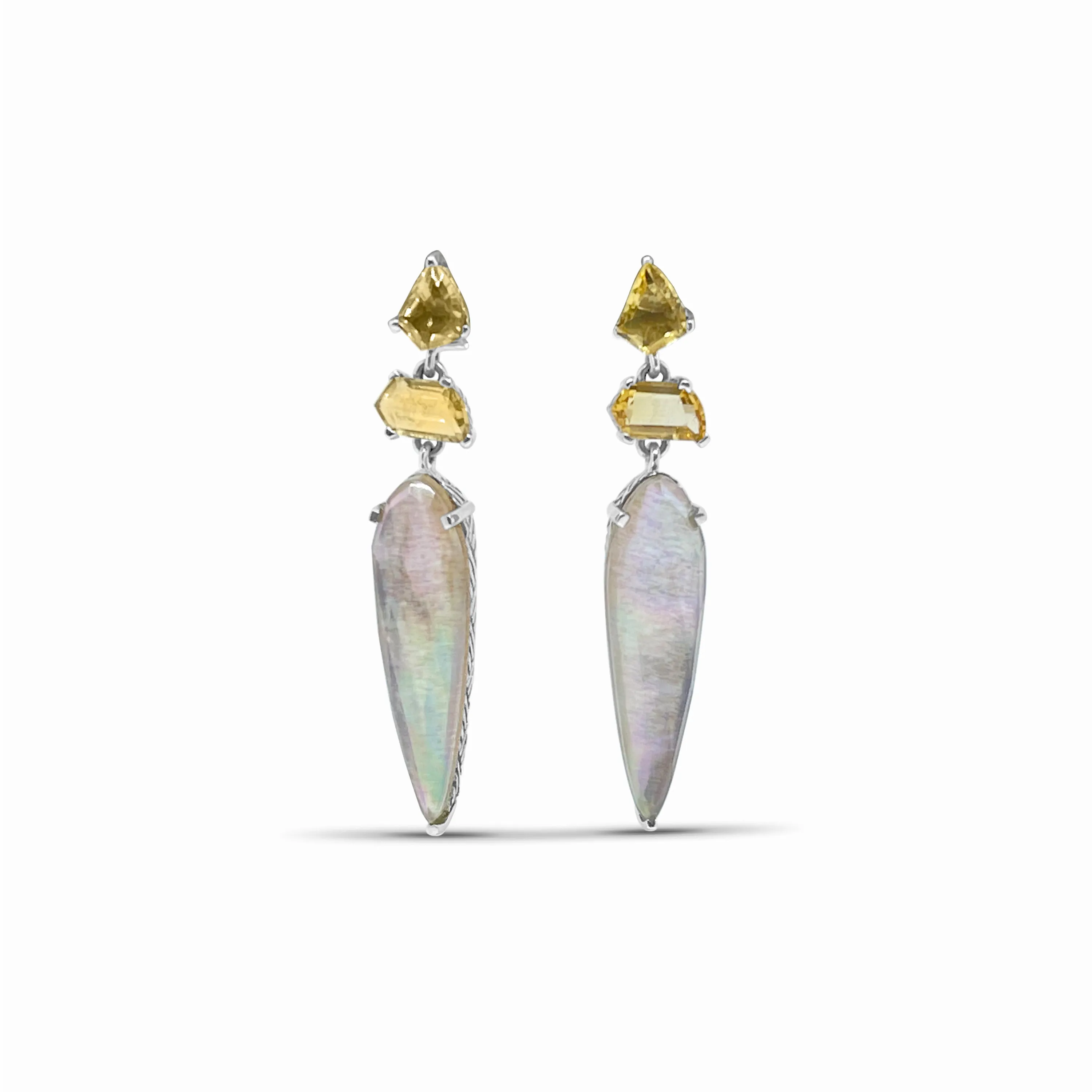 Galactical Champagne and Natural Quartz Mother of Pearl and Sunstone Earrings in Sterling Silver