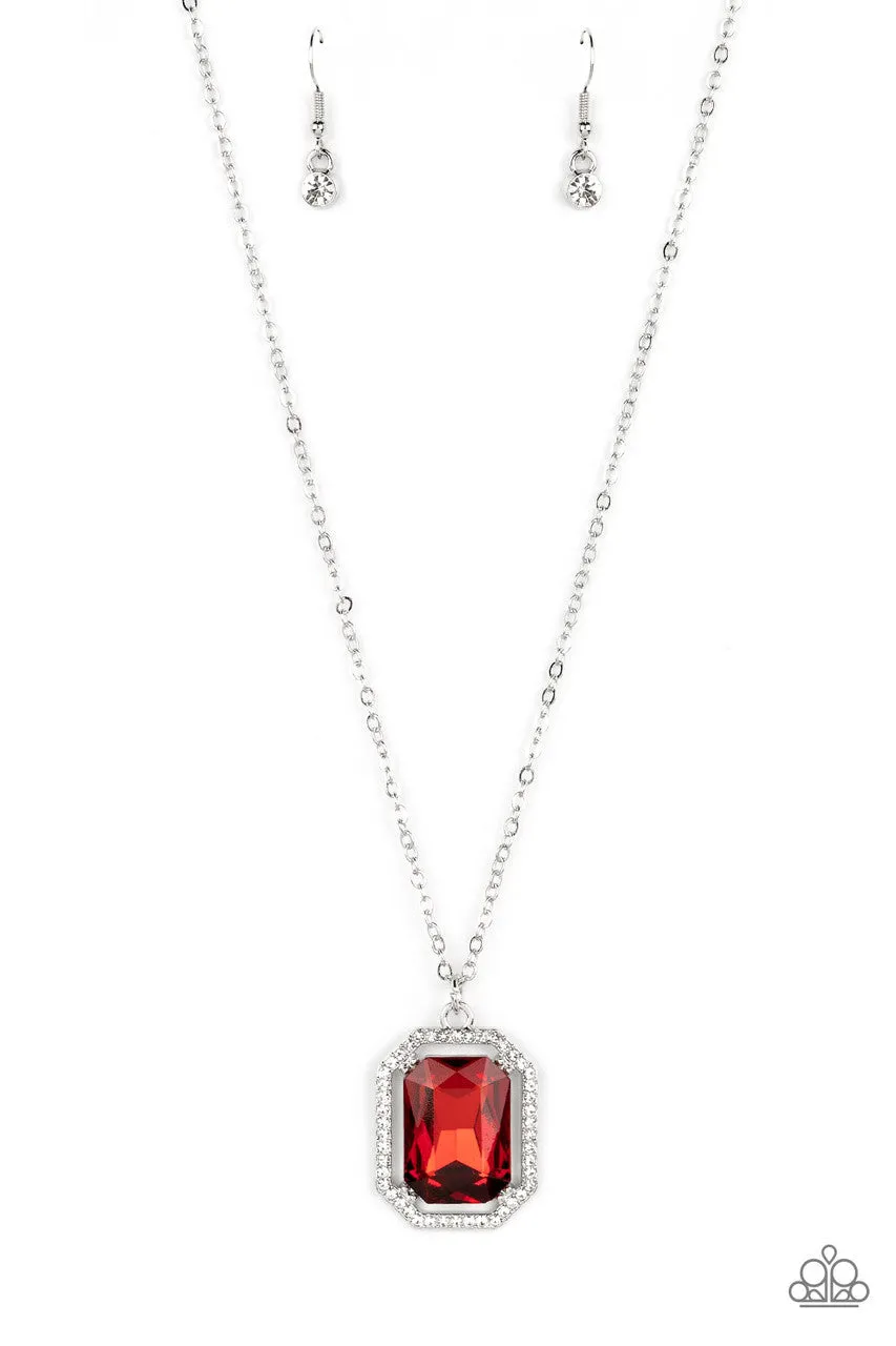 Galloping Gala - Red - Emerald Cut Gem Paparazzi Short Necklace