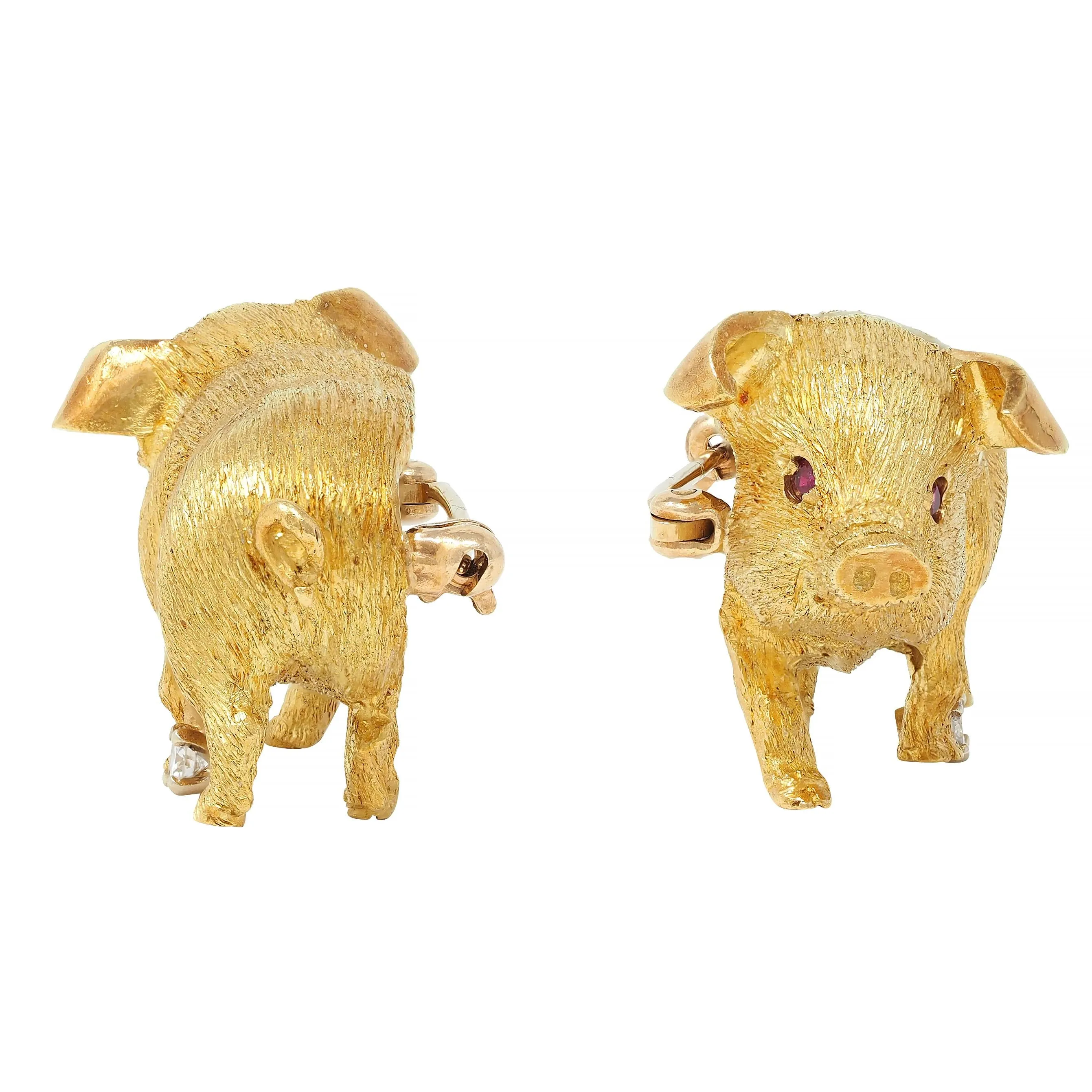 George Lederman 1960's Ruby Diamond 18 Karat Two-Tone Gold Vintage Pig Brooch