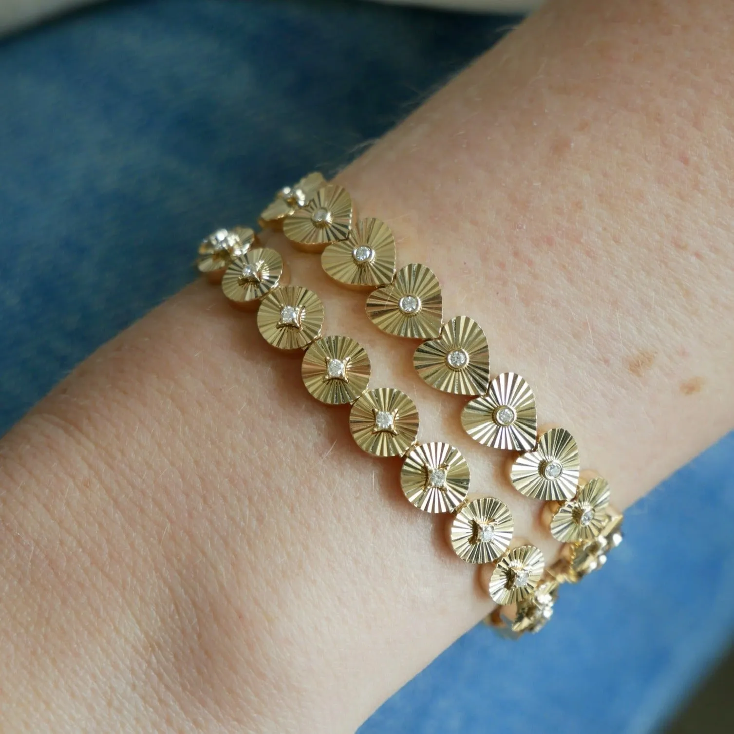 Gold & Diamond Fluted Heart Eternity Bracelet