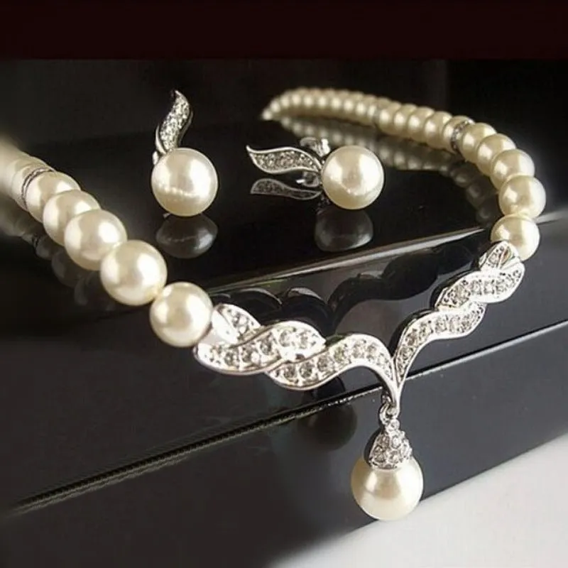 Gold Bridal Pearl Jewelry Set Necklace Earrings Wedding jewellery for women
