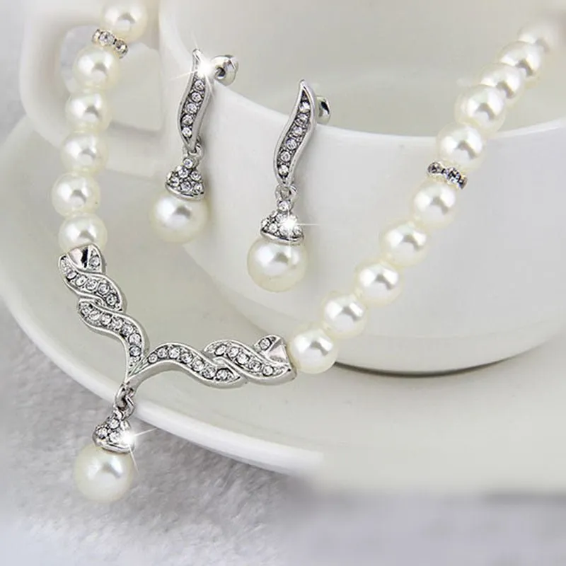 Gold Bridal Pearl Jewelry Set Necklace Earrings Wedding jewellery for women