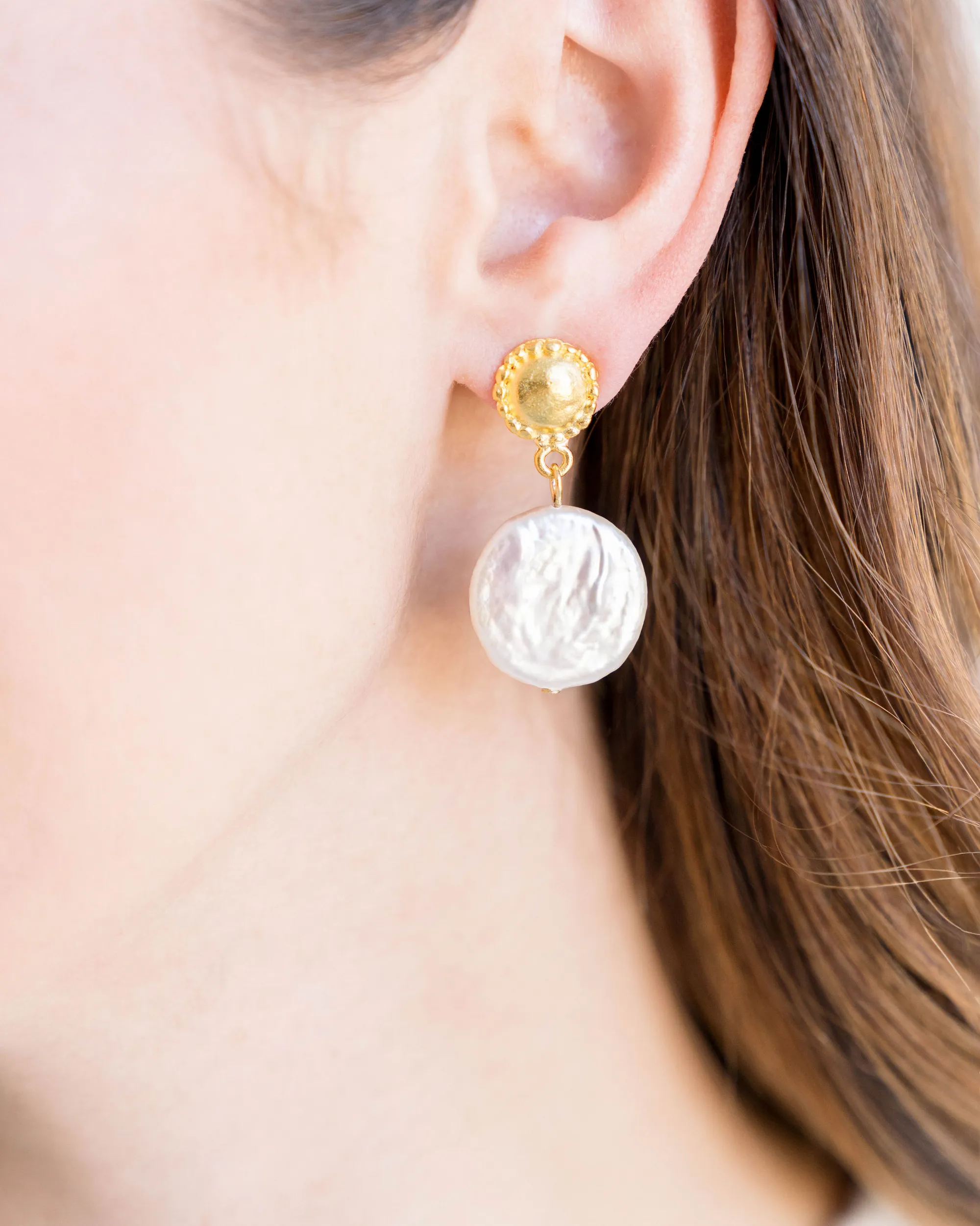 Gold Cab Freshwater Coin Pearl Earrings