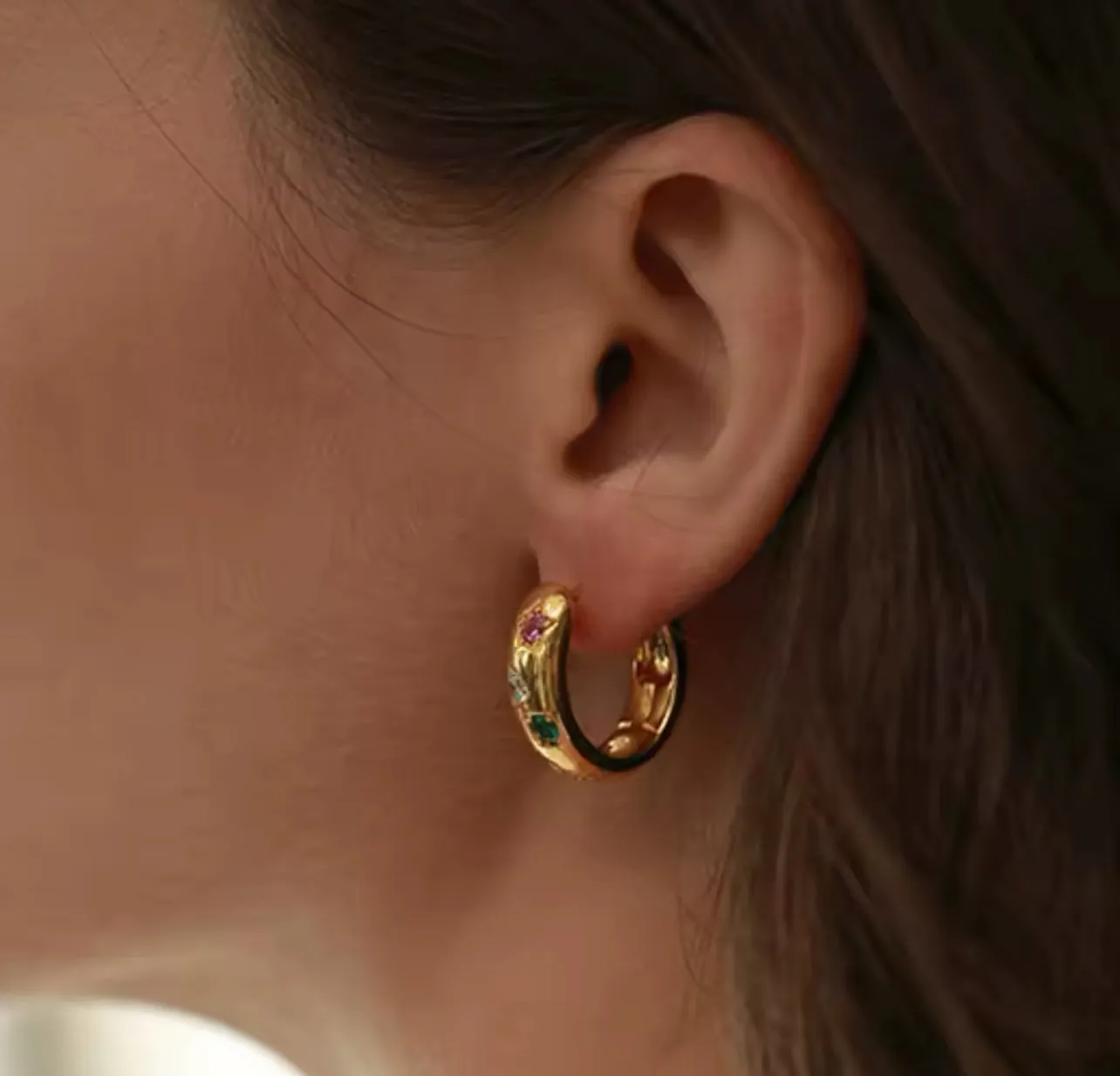 Gold Chubby Jewel Encrusted Hoop Earrings