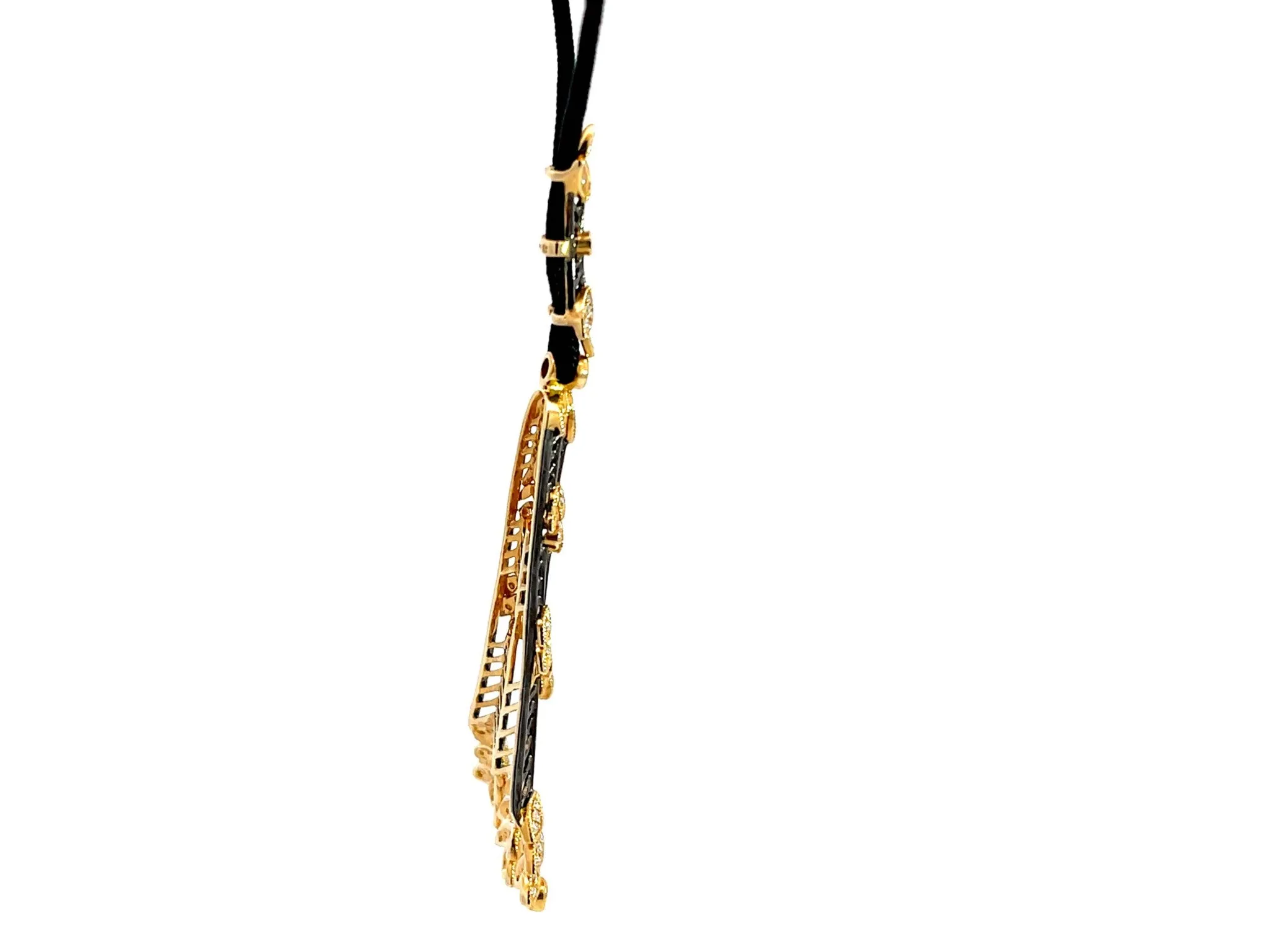 Gold Diamond Lotus Drop Pendant on Satin Black Cord