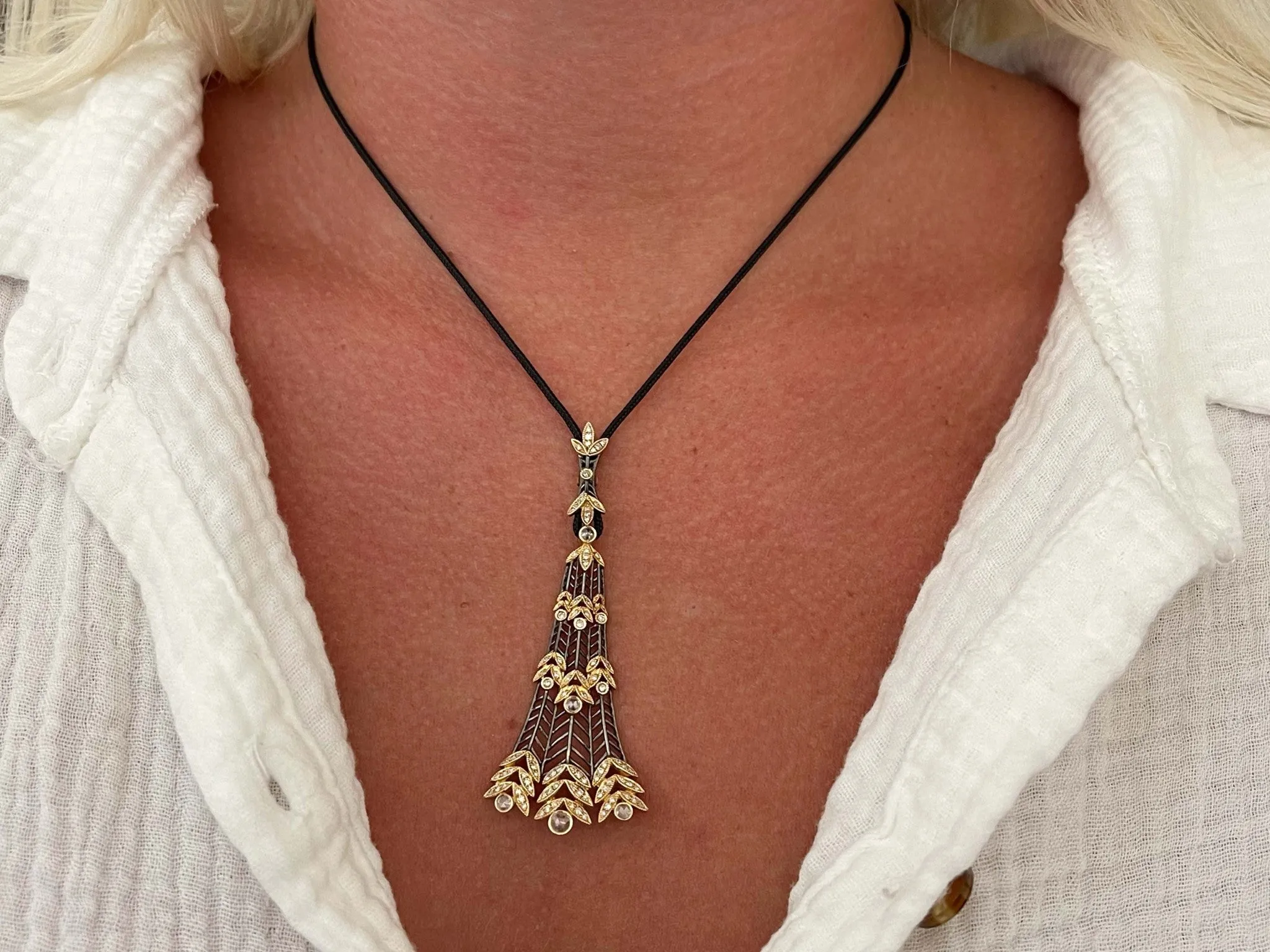 Gold Diamond Lotus Drop Pendant on Satin Black Cord
