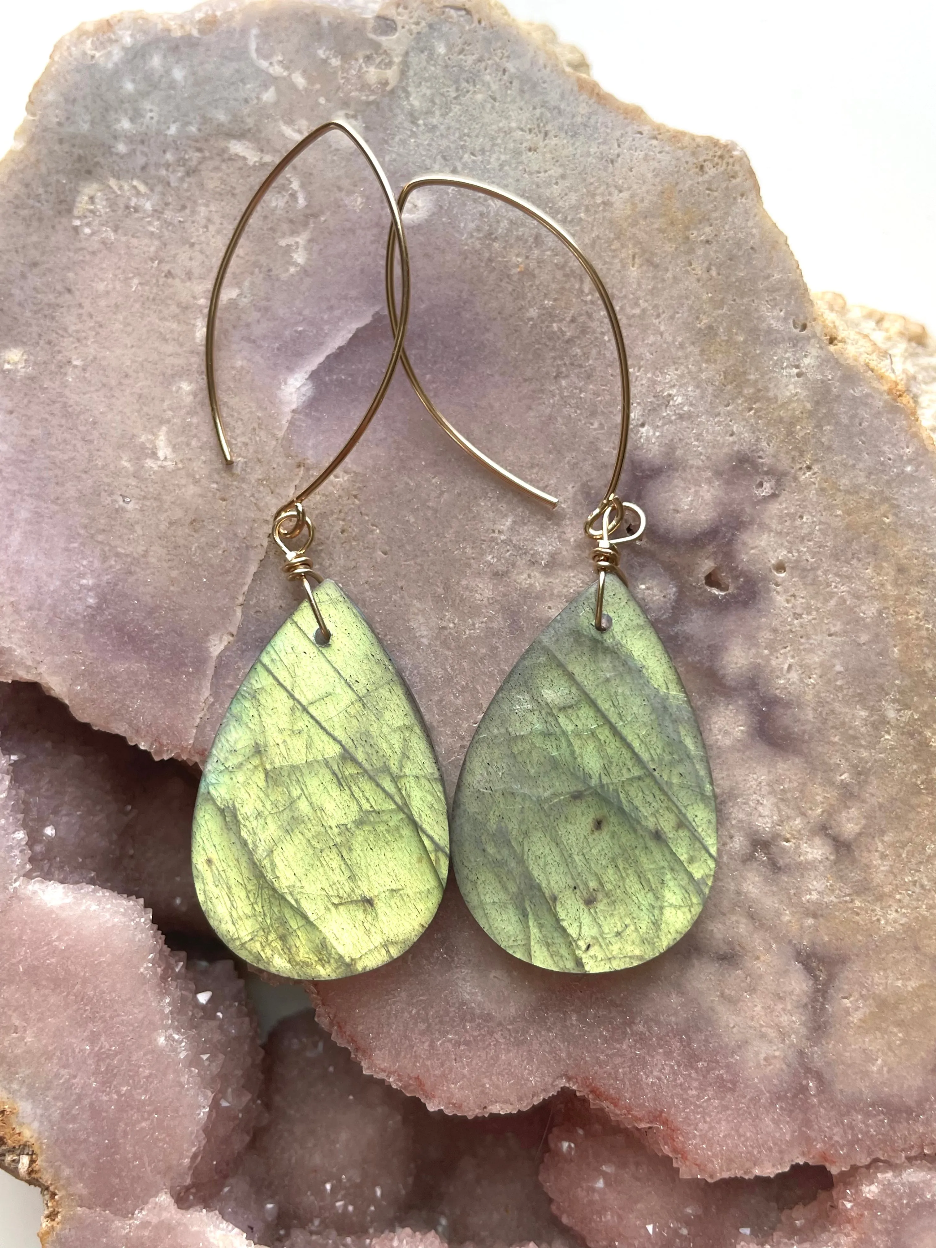 Gold Labradorite Dangle Drop Crystal Earrings