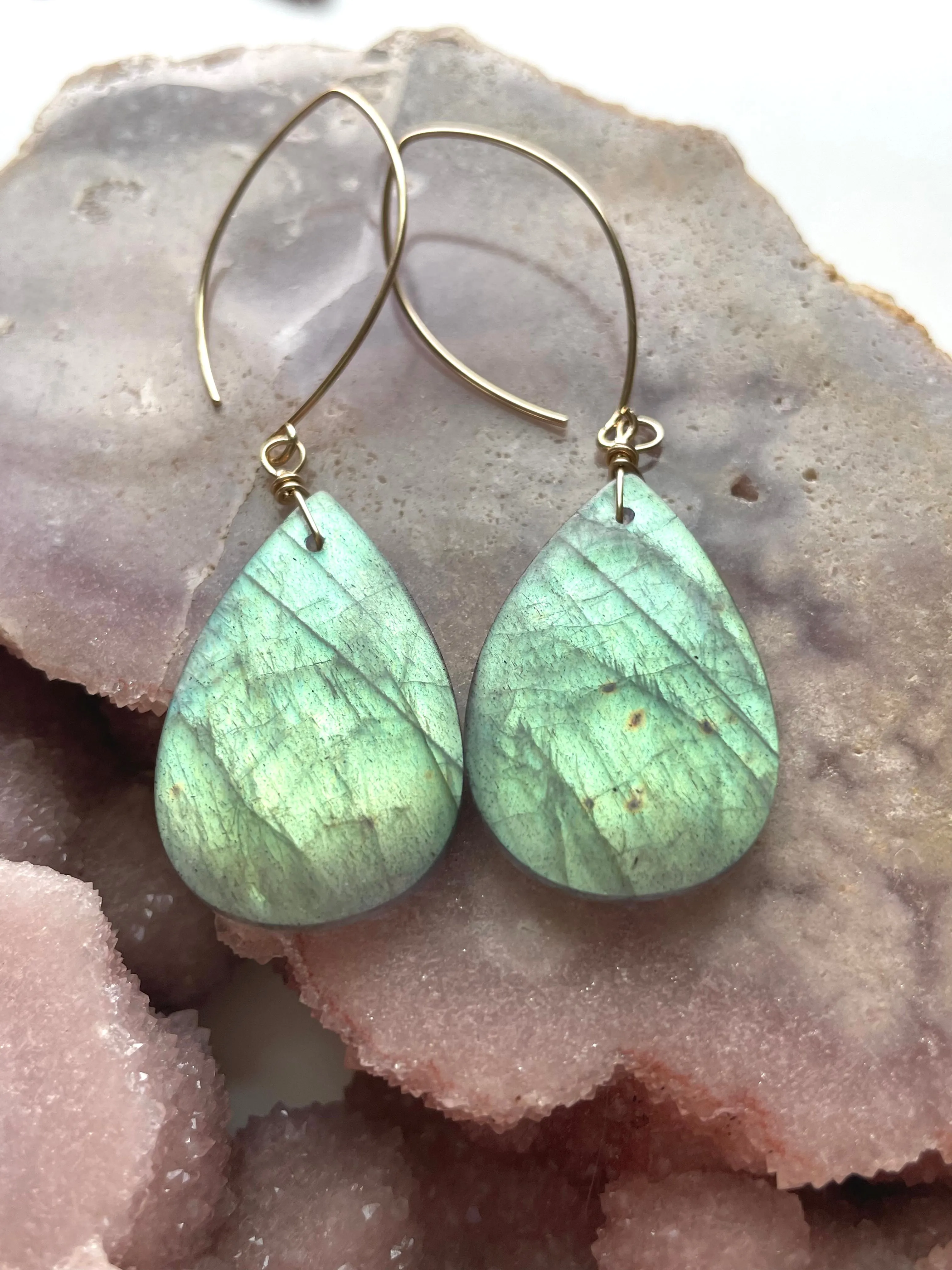 Gold Labradorite Dangle Drop Crystal Earrings