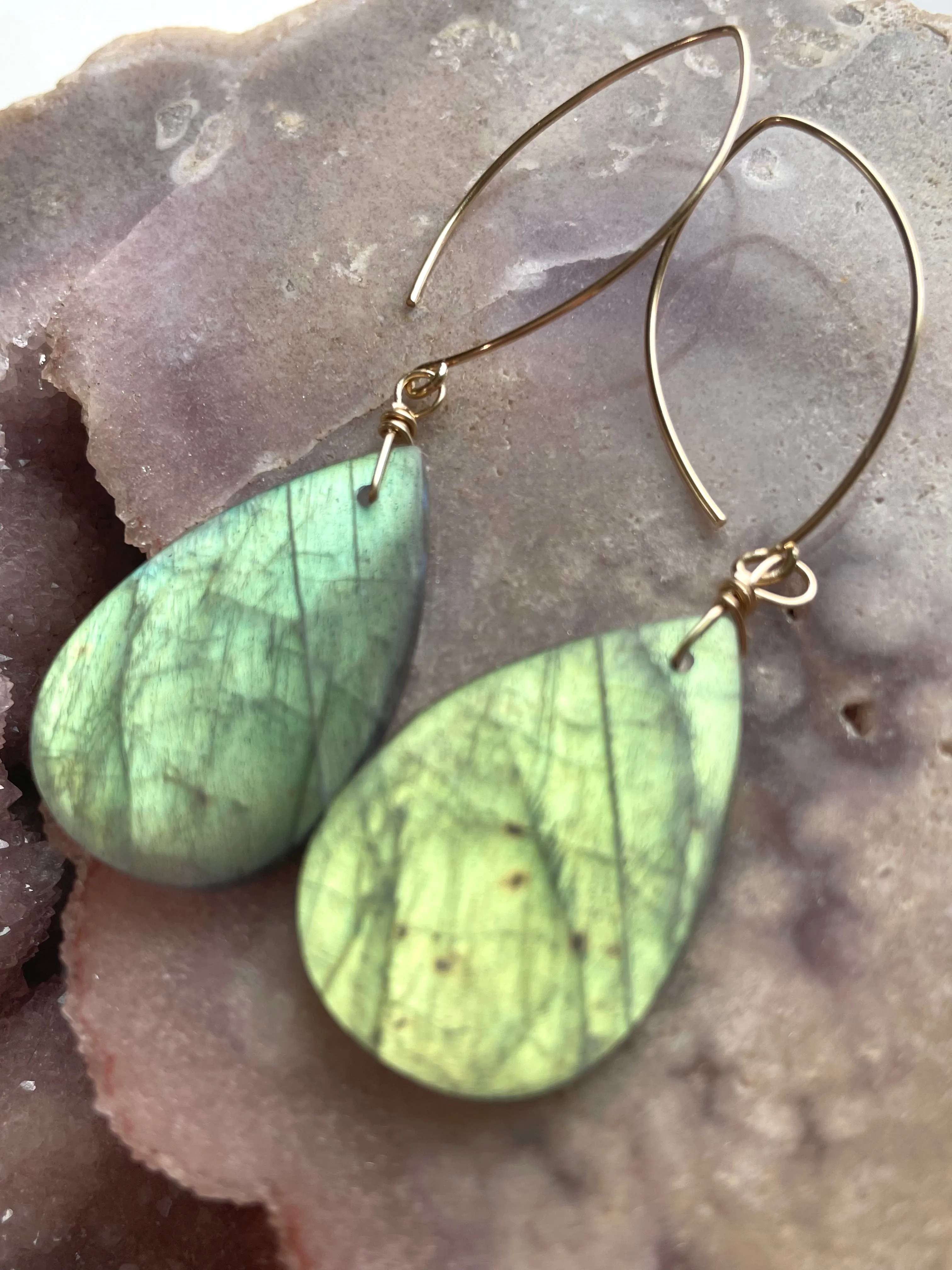 Gold Labradorite Dangle Drop Crystal Earrings