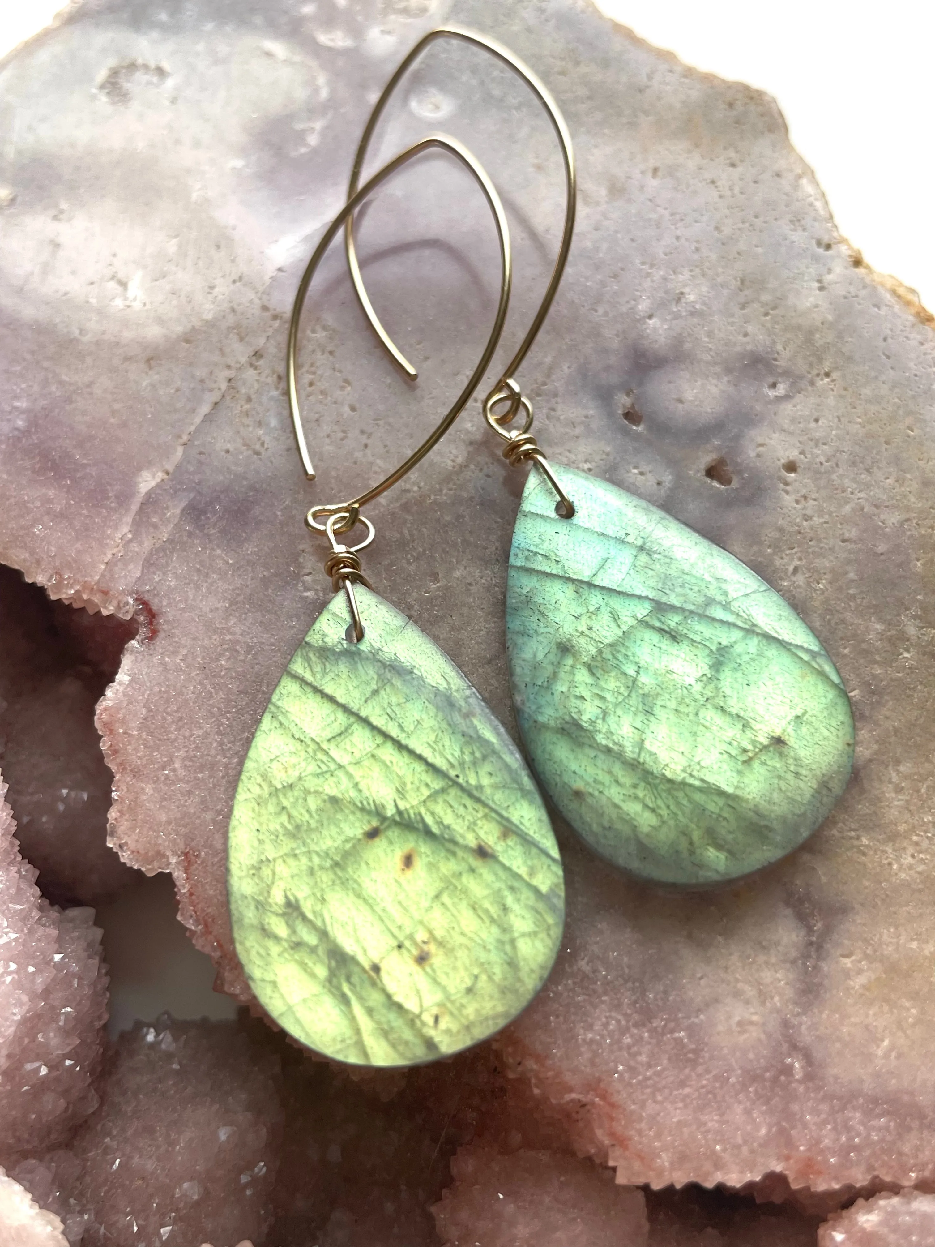 Gold Labradorite Dangle Drop Crystal Earrings