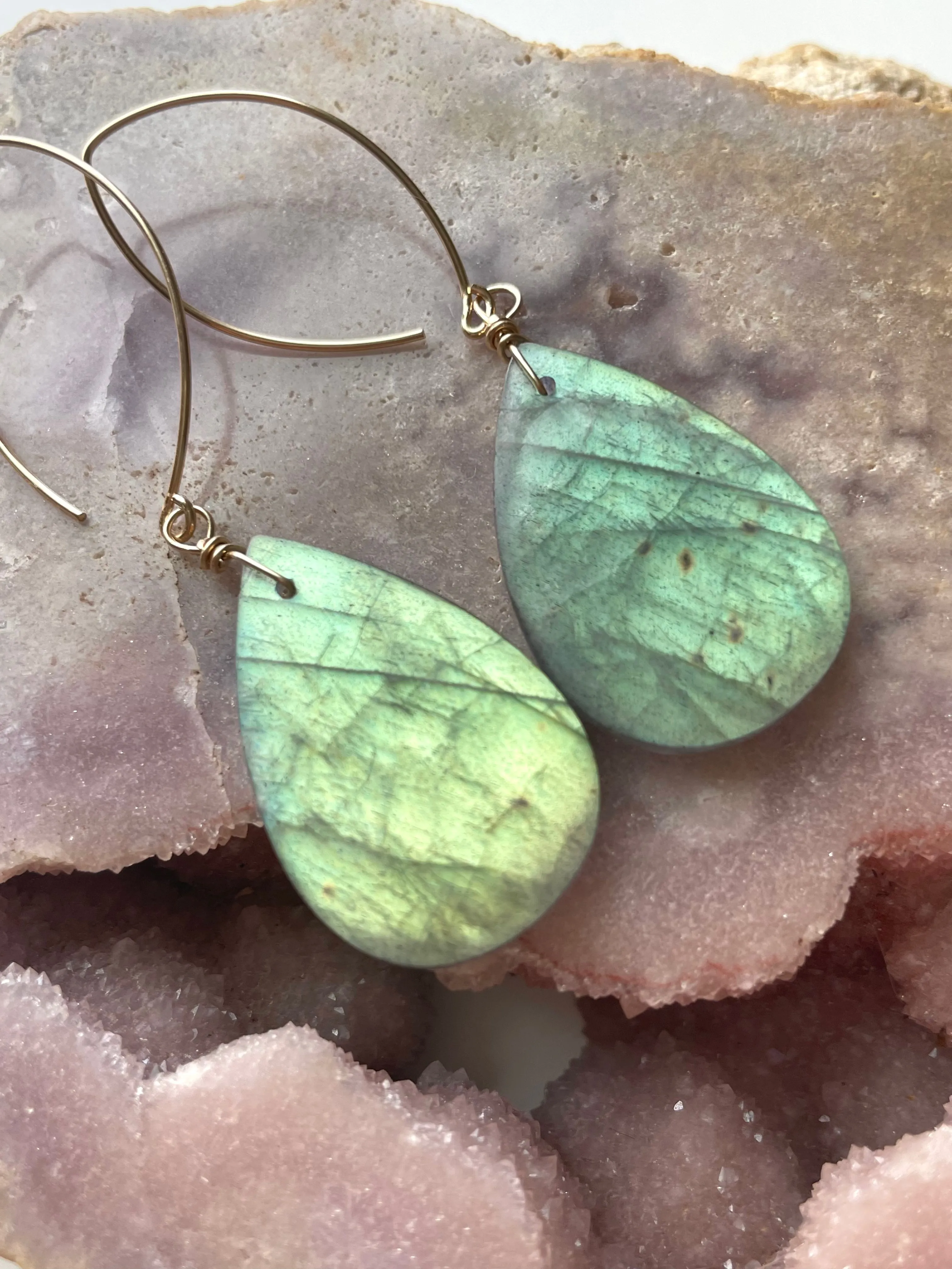Gold Labradorite Dangle Drop Crystal Earrings