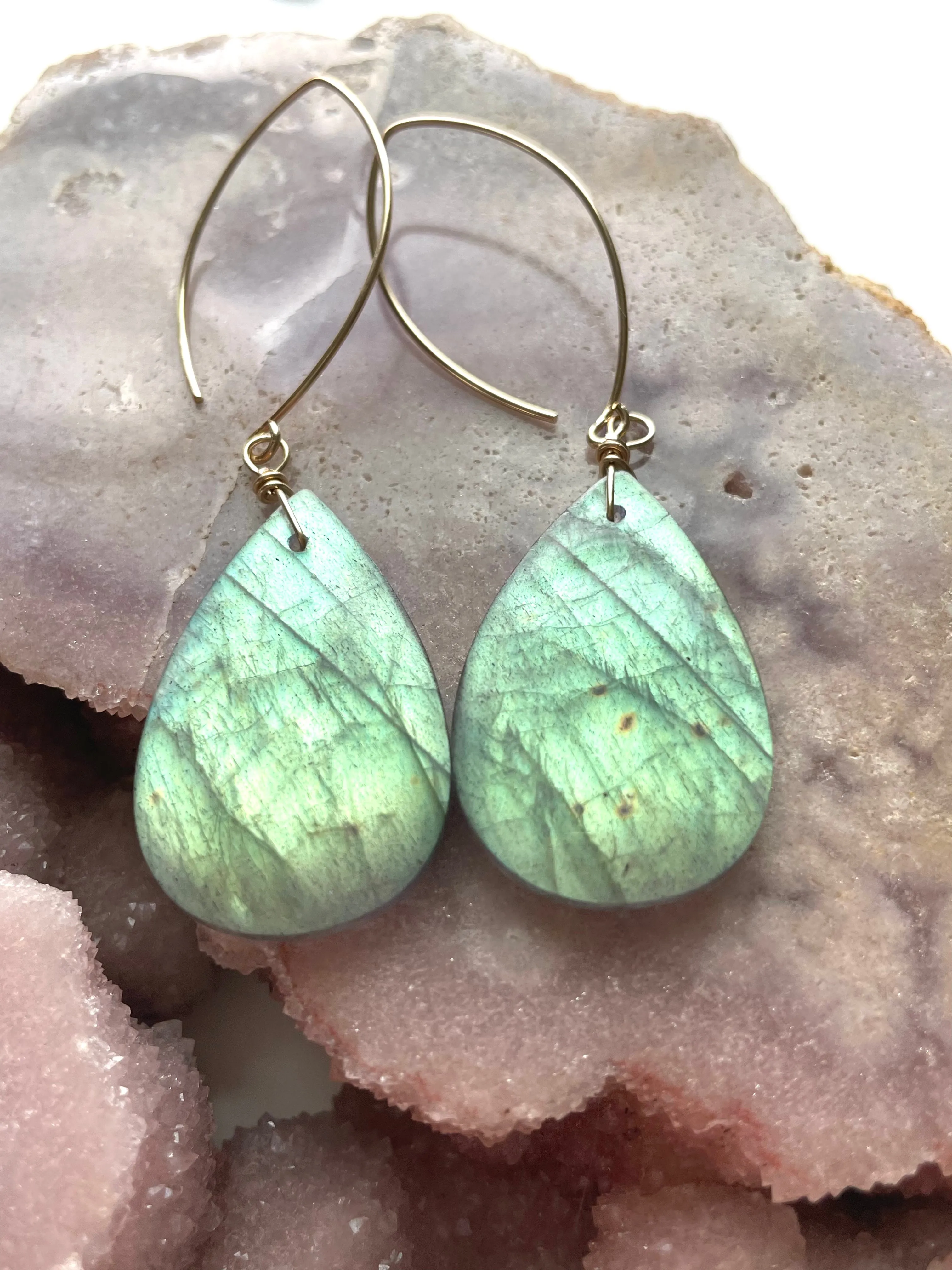 Gold Labradorite Dangle Drop Crystal Earrings