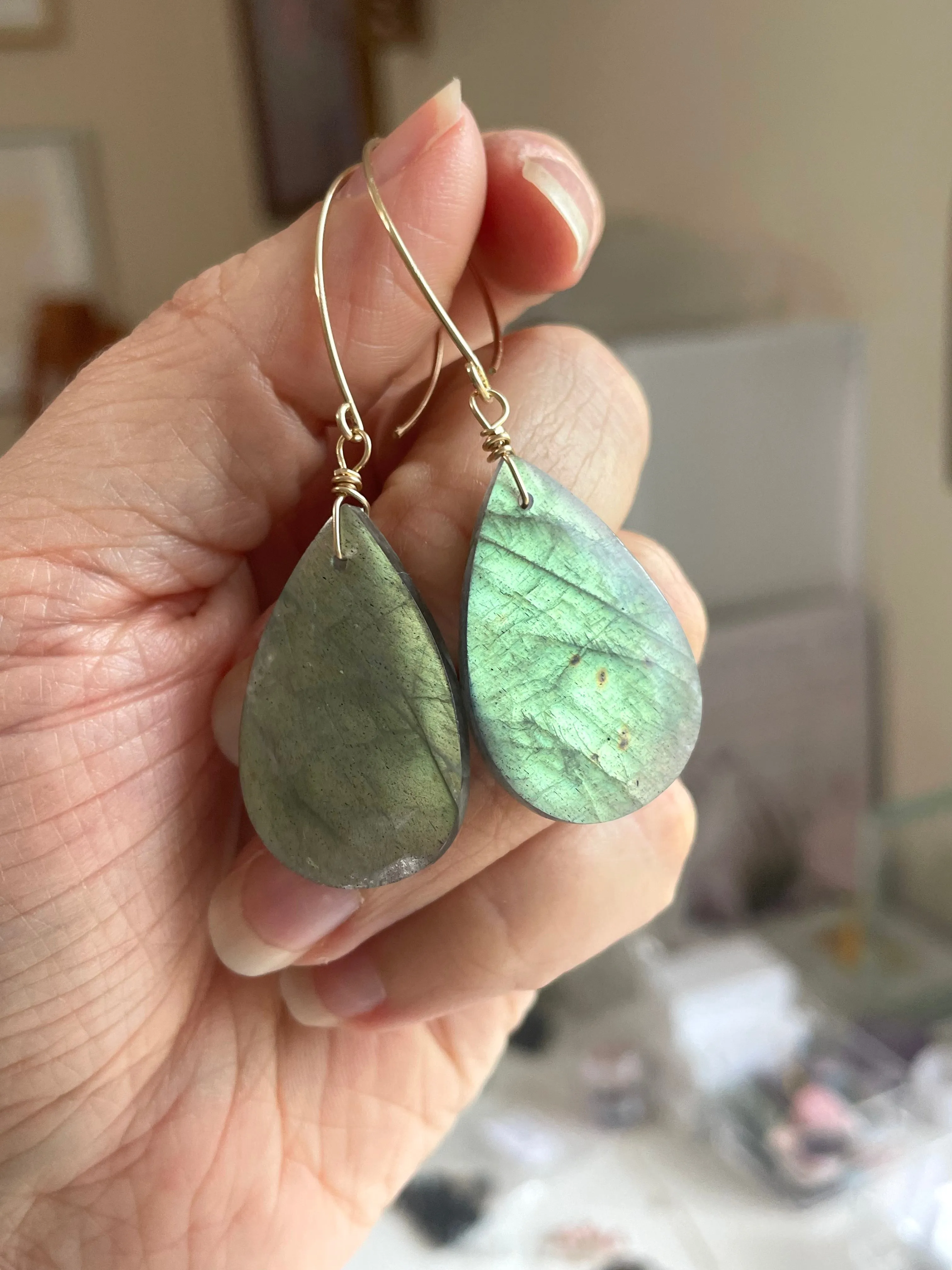 Gold Labradorite Dangle Drop Crystal Earrings