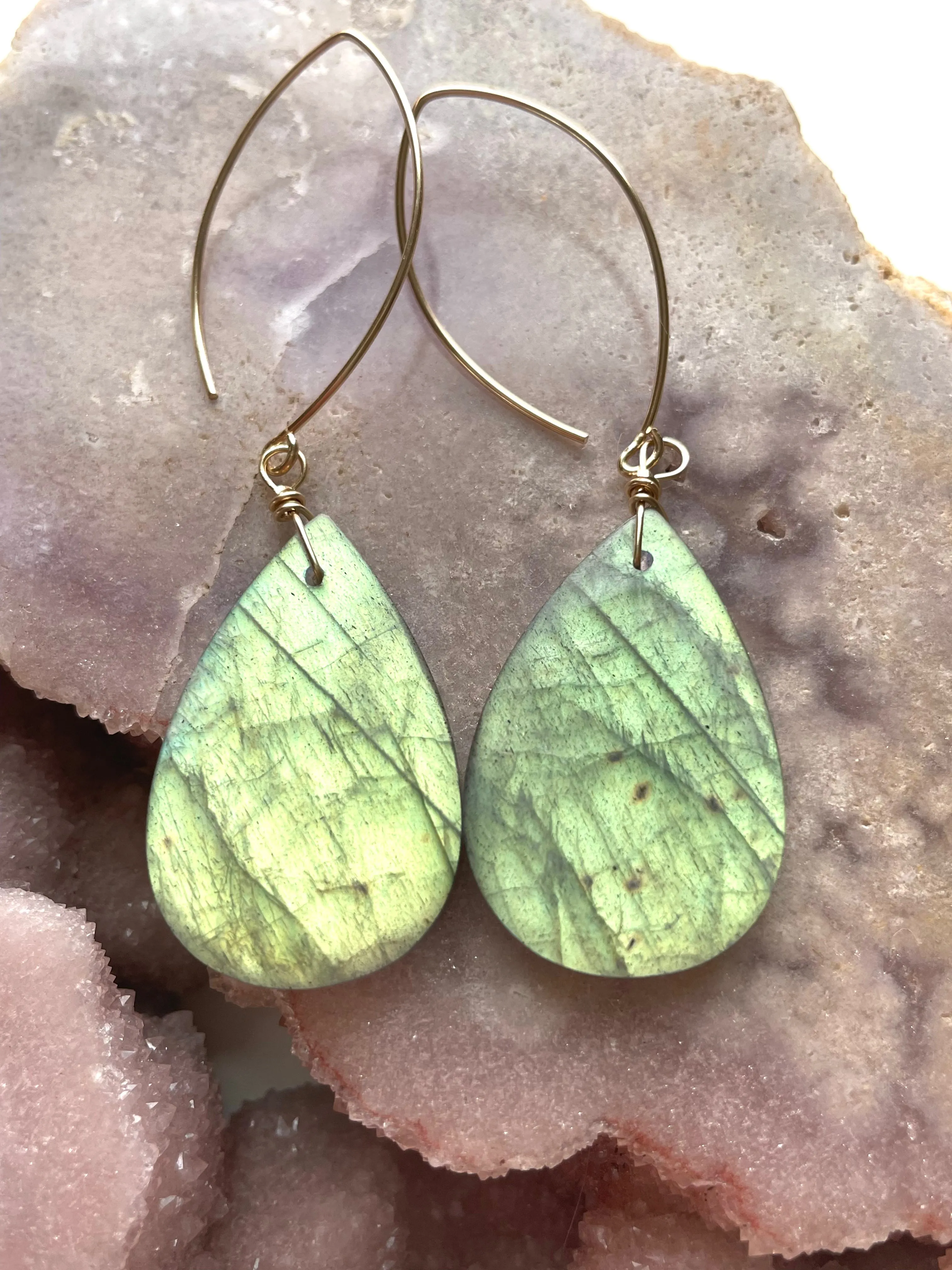Gold Labradorite Dangle Drop Crystal Earrings