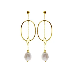 Gold plated stud top pendulum earrings with baroque pearl