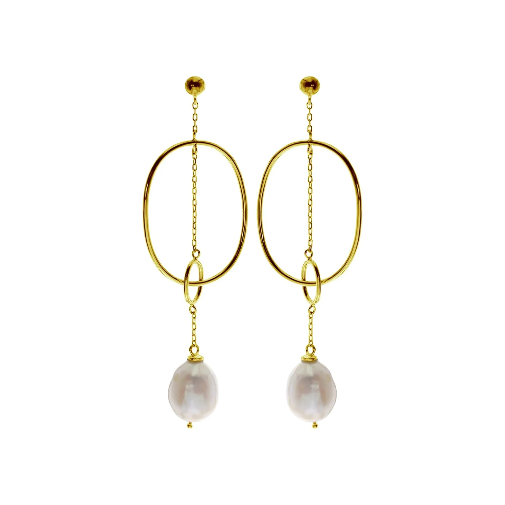 Gold plated stud top pendulum earrings with baroque pearl