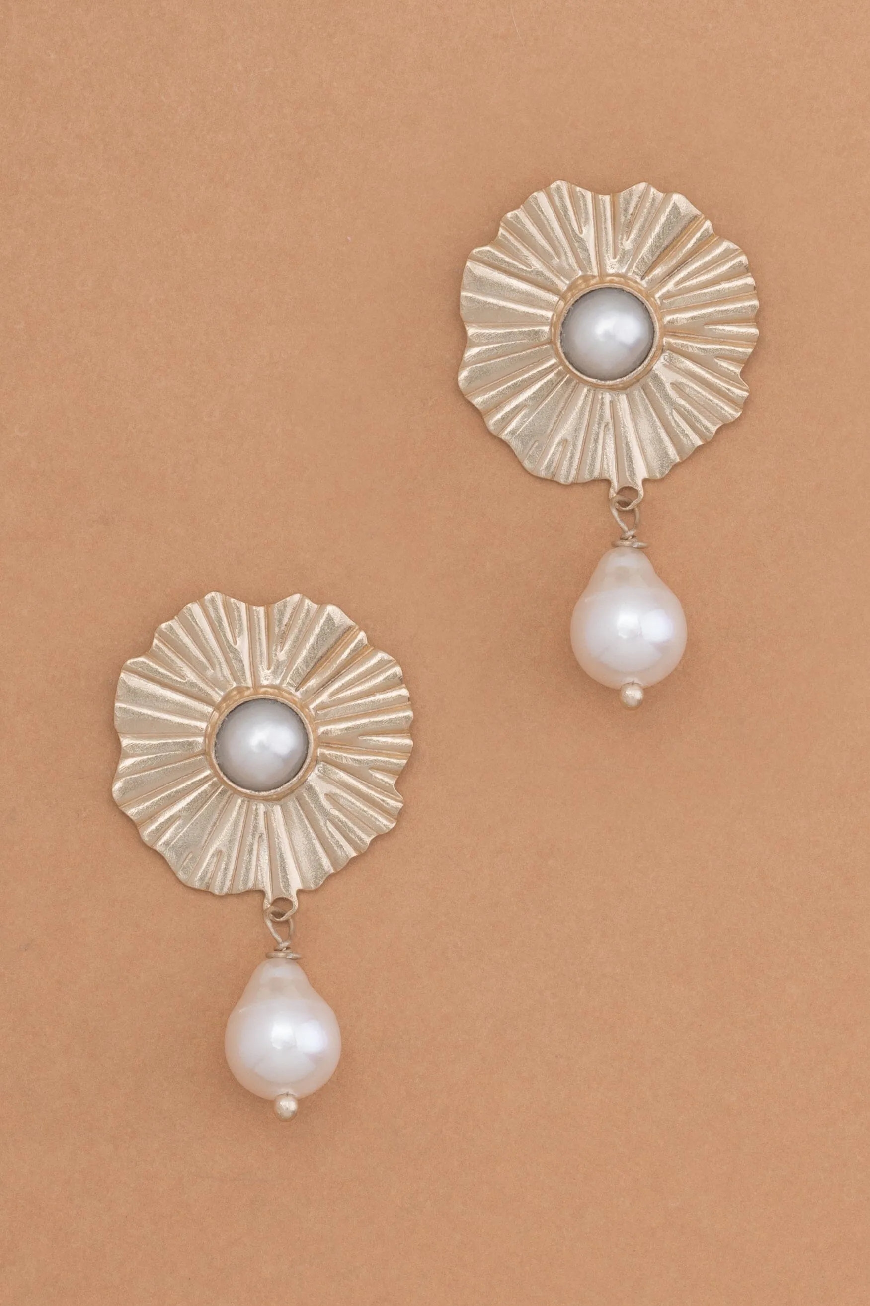 Golden Starburst White Pearl Earrings