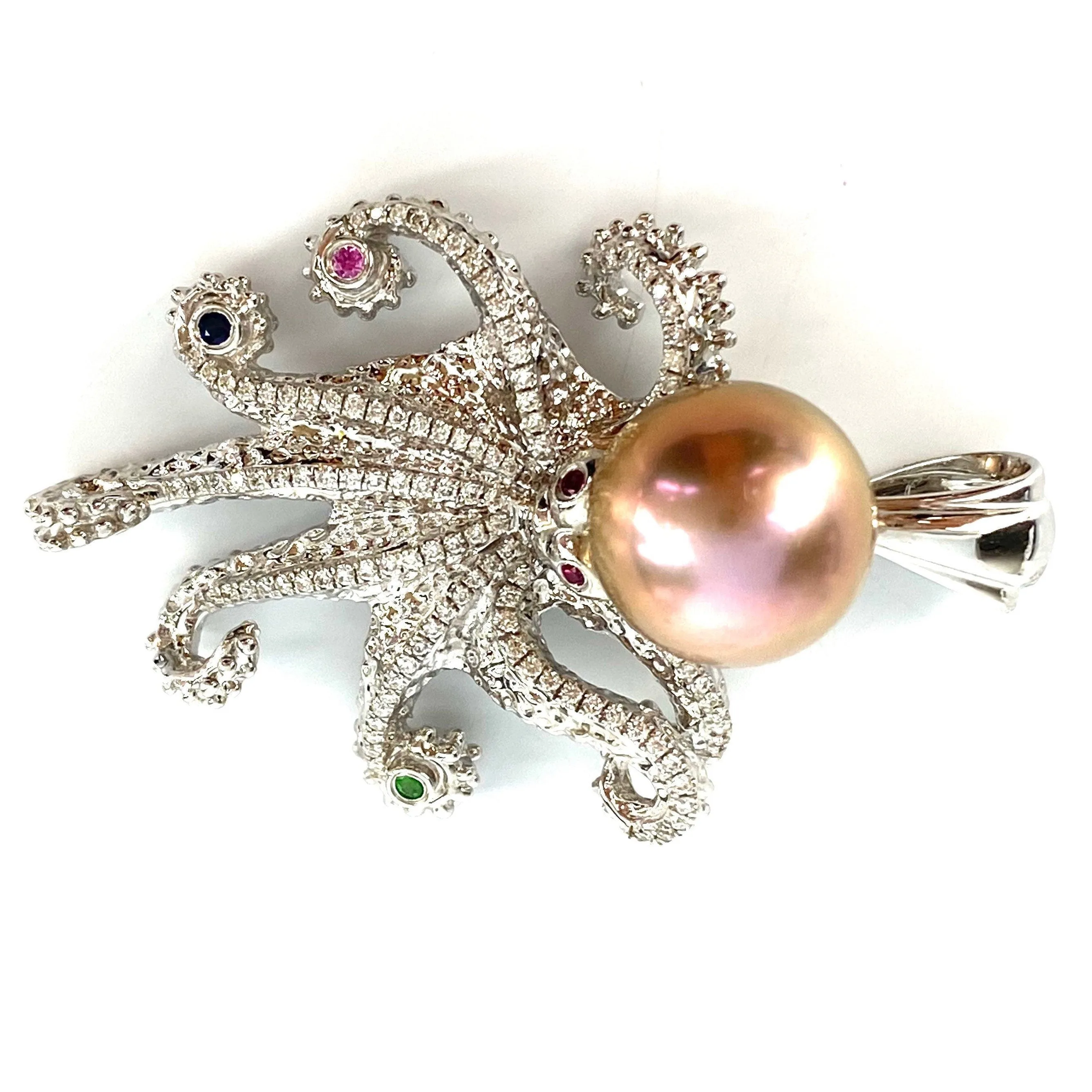 Gorgeous 14K White Gold Octopus 12.15mm Pearl Pendant With Gems