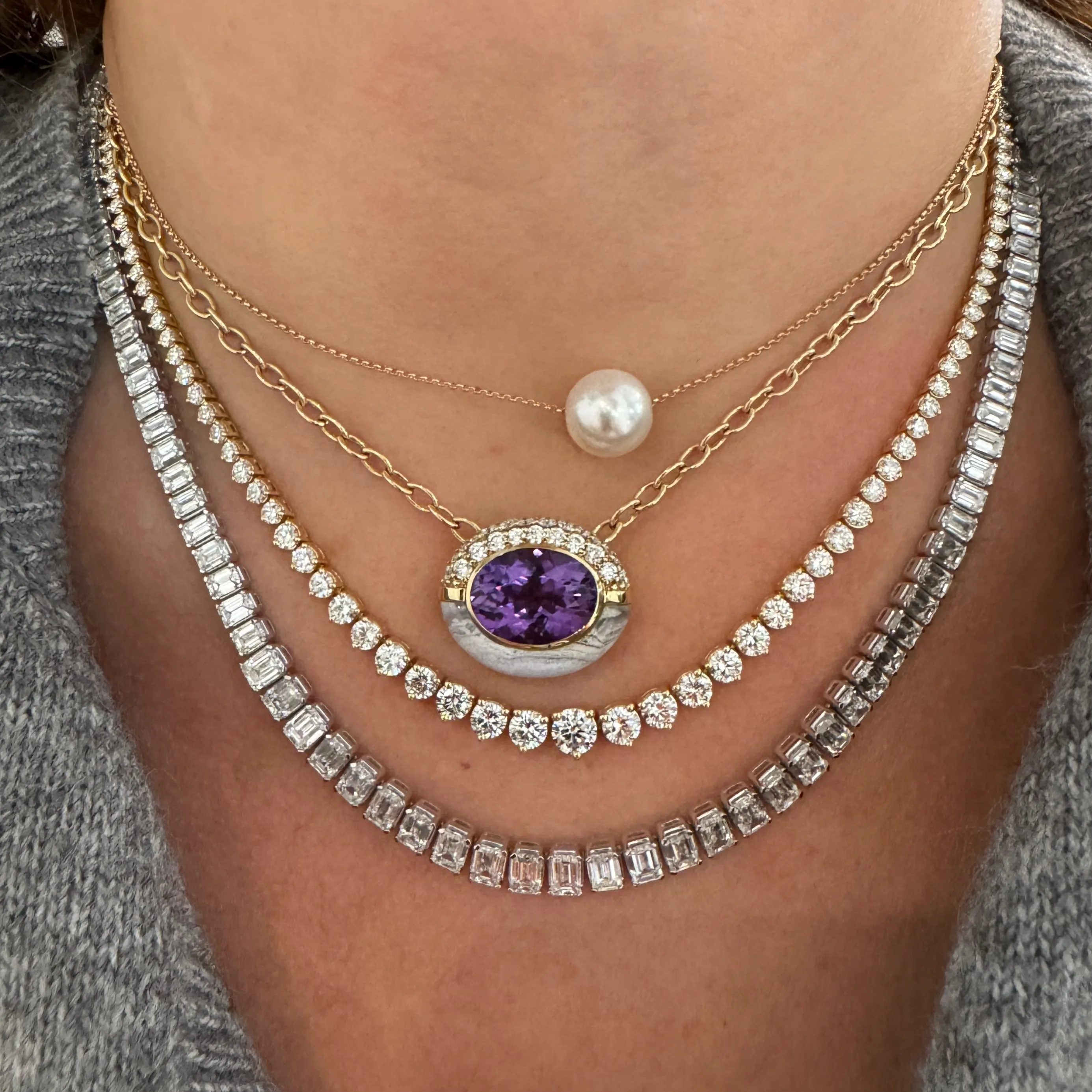 Graduated Lab Grown Emerald Cut Diamond Tennis Necklace