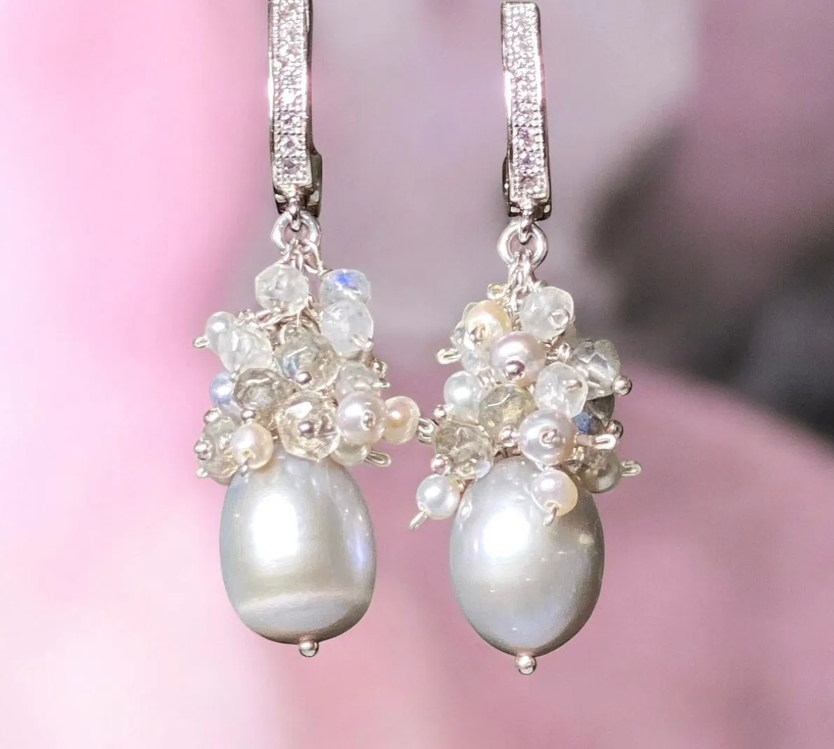 Gray Pearl Labradorite Cluster Earrings Sterling Silver