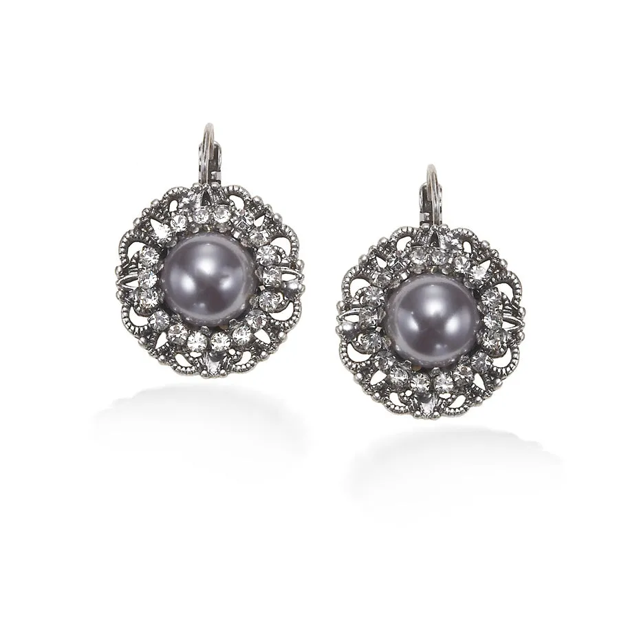 GREY PEARL WHITE CRYSTAL FILIGREE  EARRINGS #285SV3101 (7D3/6B1)