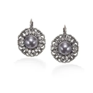 GREY PEARL WHITE CRYSTAL FILIGREE  EARRINGS #285SV3101 (7D3/6B1)