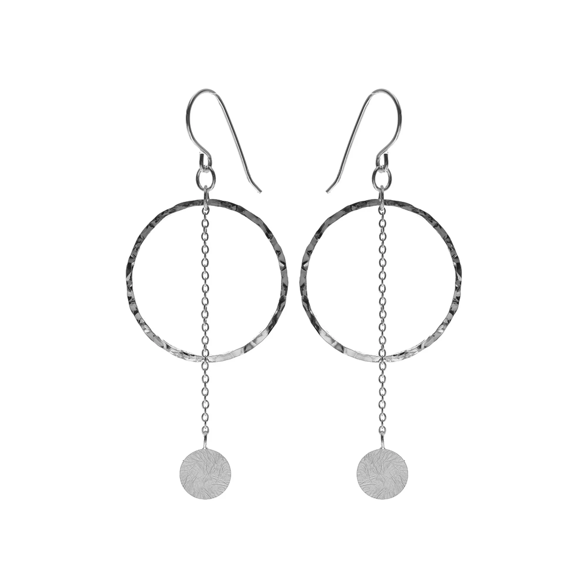 Hammered circle earrings with satin disc pendulum