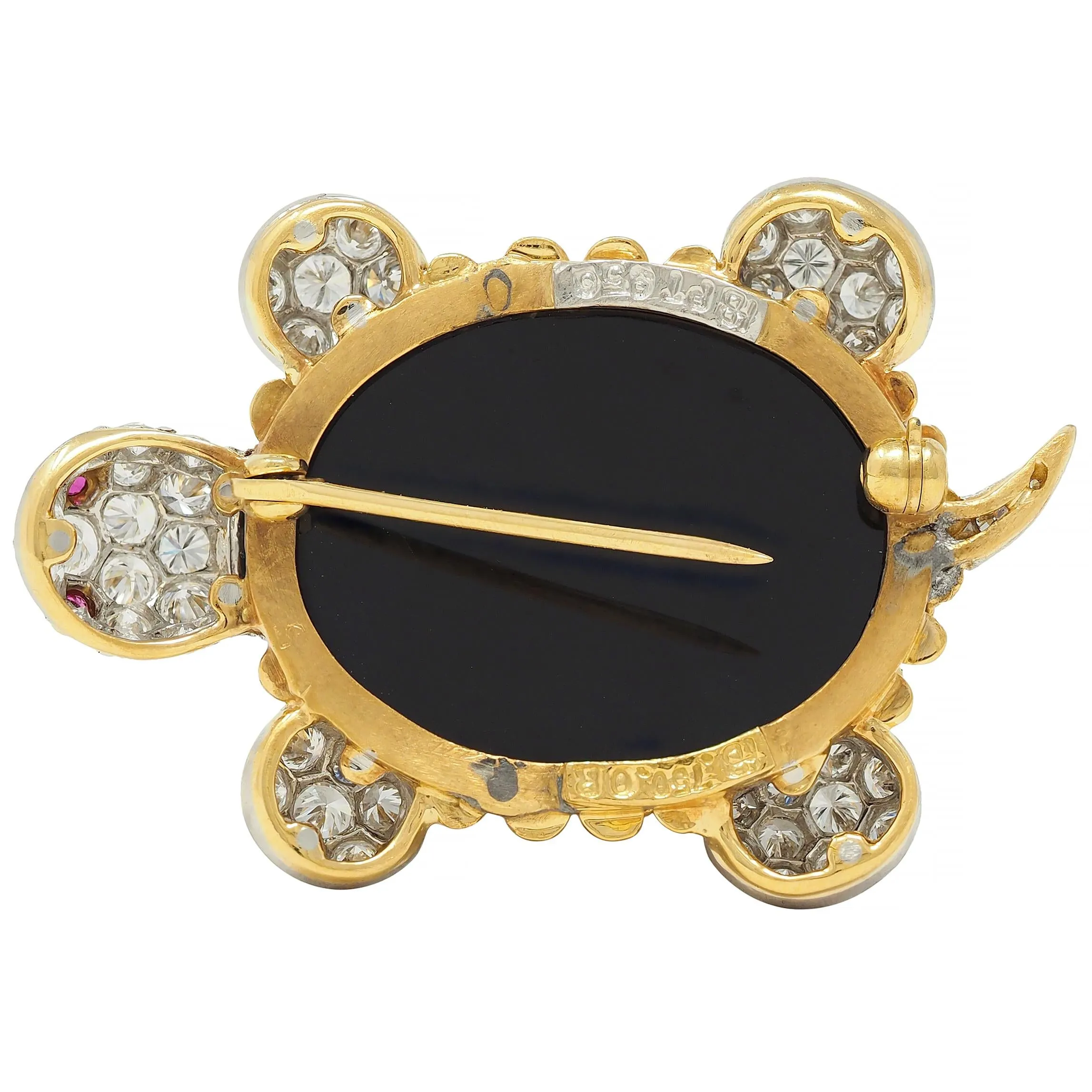 Hammerman 1960s 2.60 CTW Diamond Ruby Onyx Platinum 18 Karat Yellow Gold Vintage Turtle Brooch