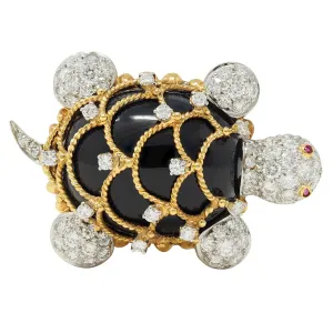 Hammerman 1960s 2.60 CTW Diamond Ruby Onyx Platinum 18 Karat Yellow Gold Vintage Turtle Brooch
