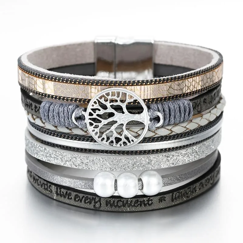 High Quality Handmade Elegant Fashion Luxury Modern New Amazing Charm Pearl Life of tree Leather Bracelets For Women
