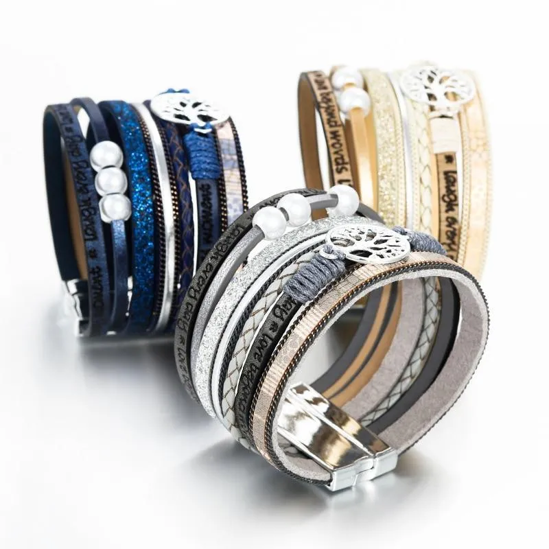 High Quality Handmade Elegant Fashion Luxury Modern New Amazing Charm Pearl Life of tree Leather Bracelets For Women