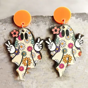 Hippie Ghost Halloween Wood Earrings