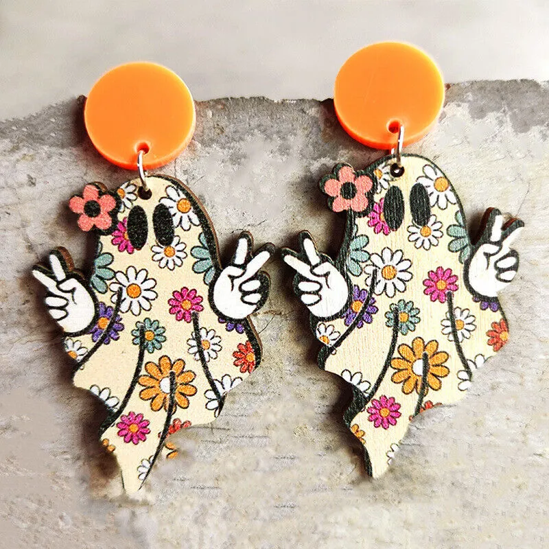 Hippie Ghost Halloween Wood Earrings