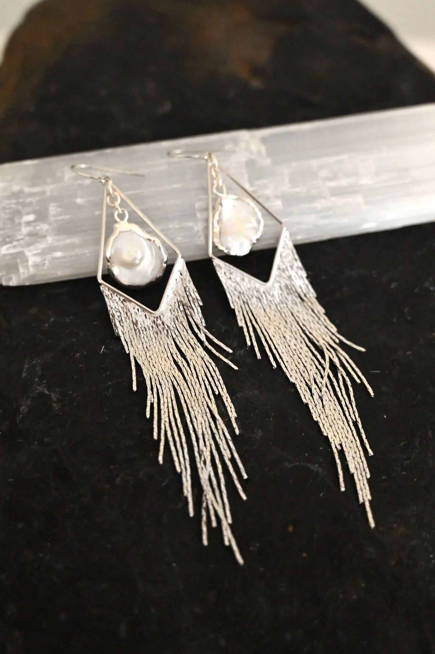 In My Purpose Mother of Pearl Silver Fringe Earrings