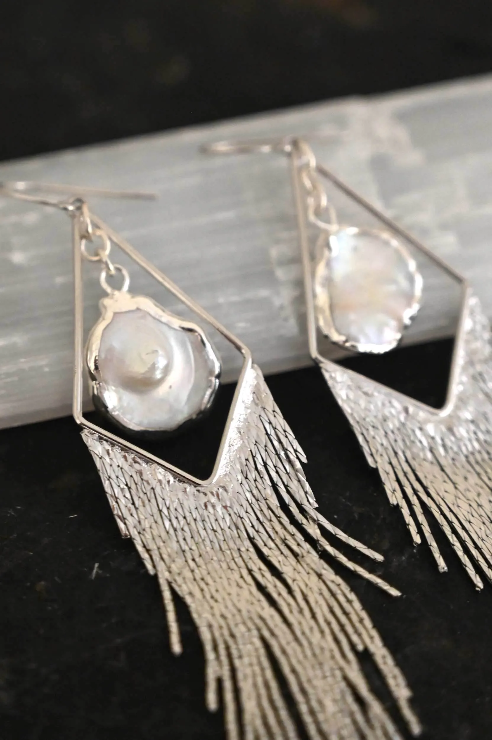 In My Purpose Mother of Pearl Silver Fringe Earrings