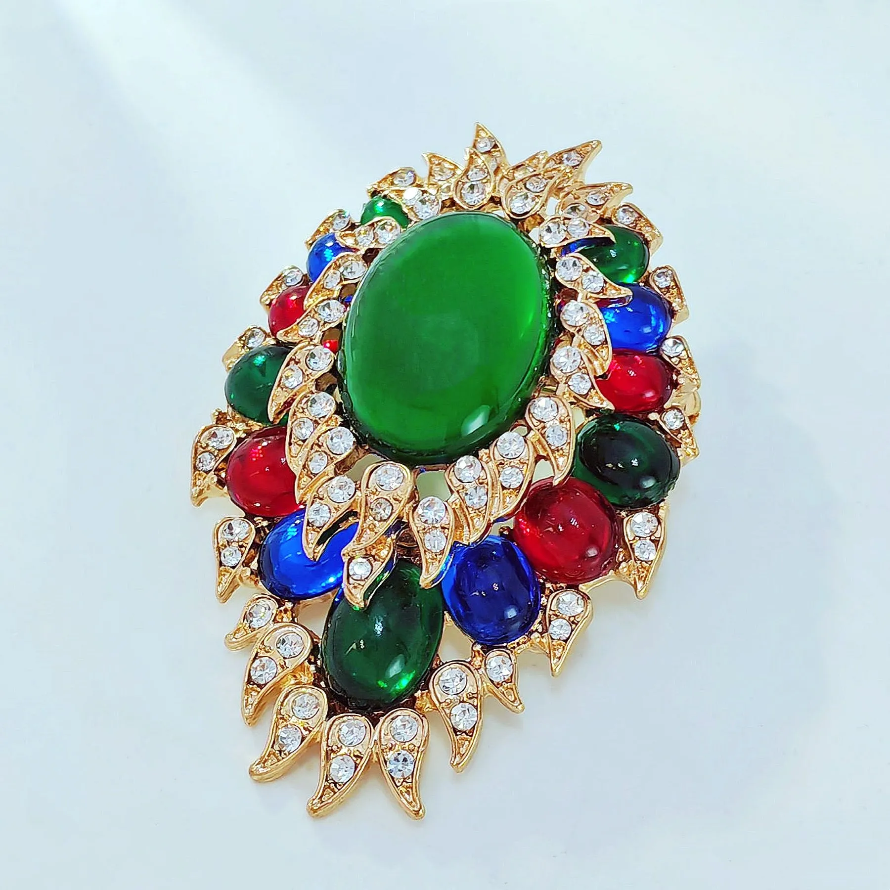 INDIA Vintage Style Cluster Imitated EMERALD CABOCHON Brooch Pin Costume Jewelry