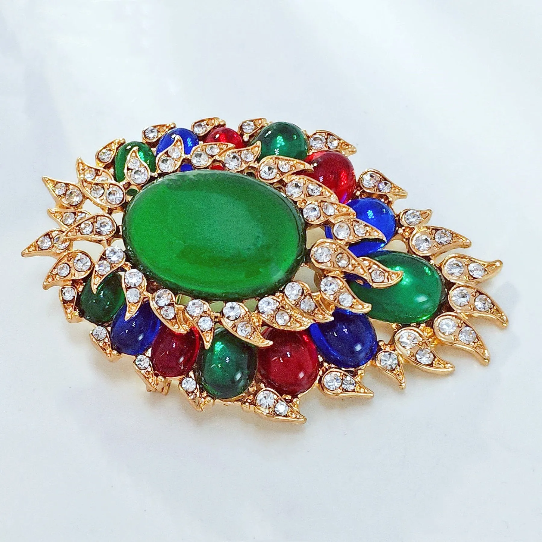 INDIA Vintage Style Cluster Imitated EMERALD CABOCHON Brooch Pin Costume Jewelry