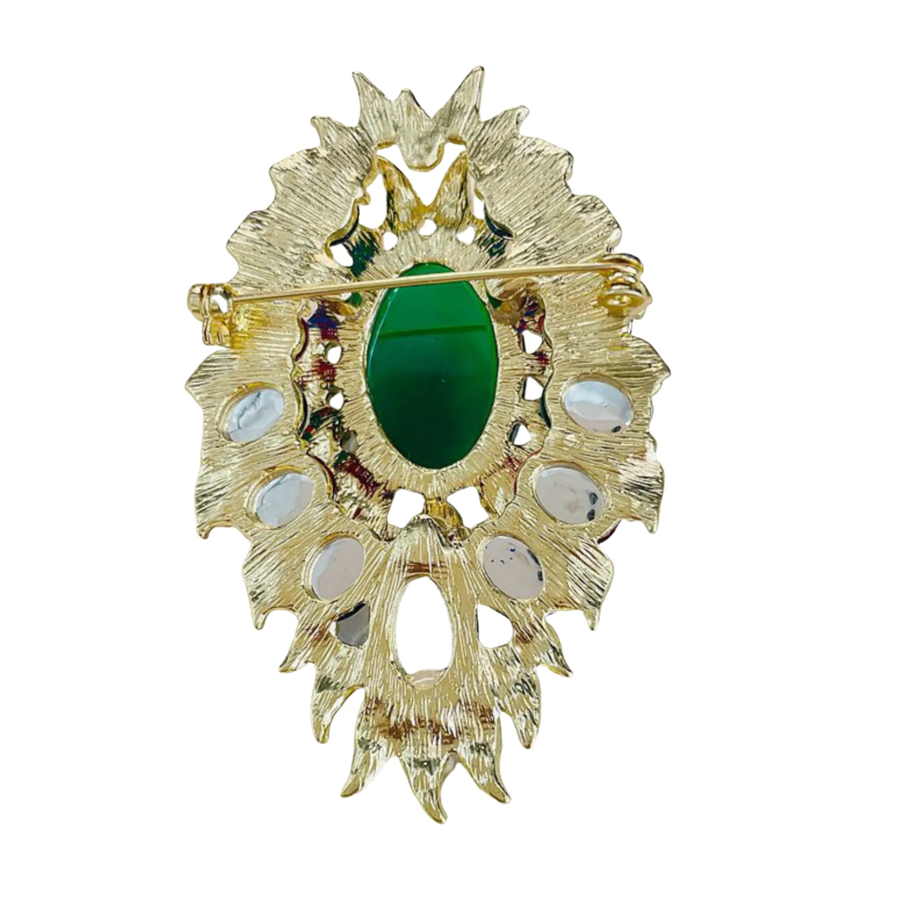 INDIA Vintage Style Cluster Imitated EMERALD CABOCHON Brooch Pin Costume Jewelry