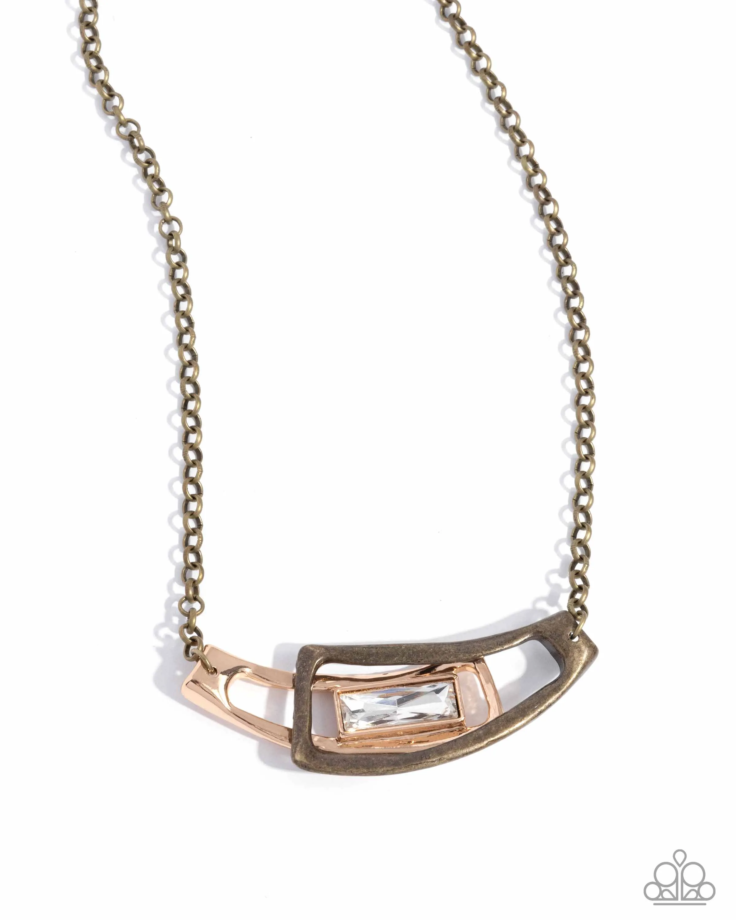 Interlocked Improv - Brass - and Gold Frame Mixed Metal White Gem Paparazzi Short Necklace