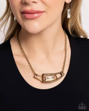 Interlocked Improv - Brass - and Gold Frame Mixed Metal White Gem Paparazzi Short Necklace