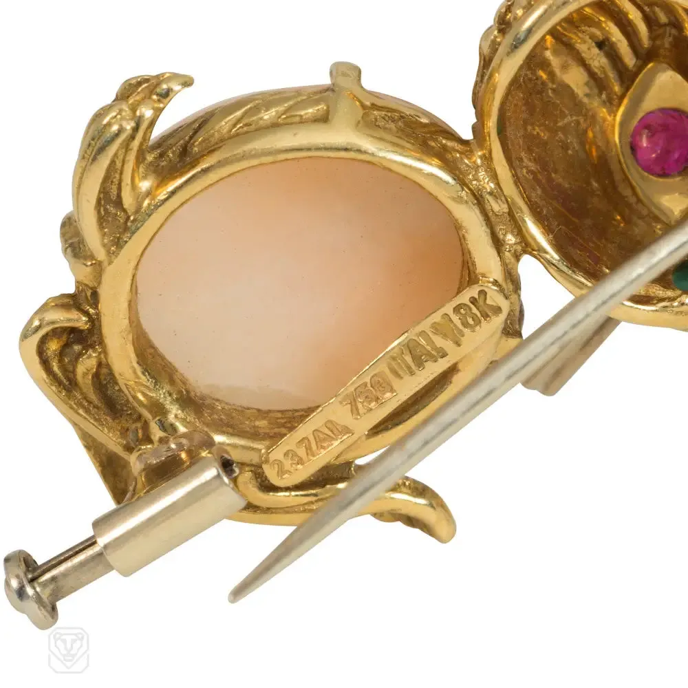 Italian gold and coral bunny brooch