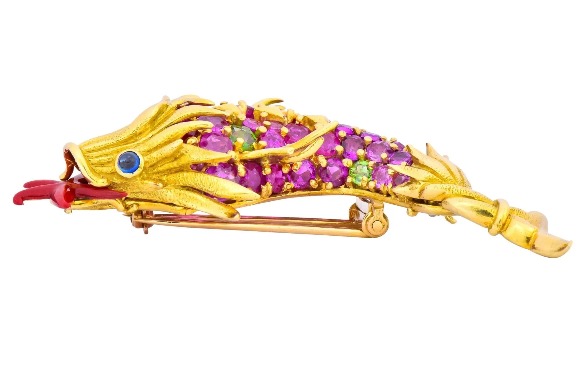Jean Schlumberger Tiffany & Co. Retro 12.80 CTW Pink Sapphire Demantoid Garnet Enamel 18 Karat Gold Dolphin Fish Brooch