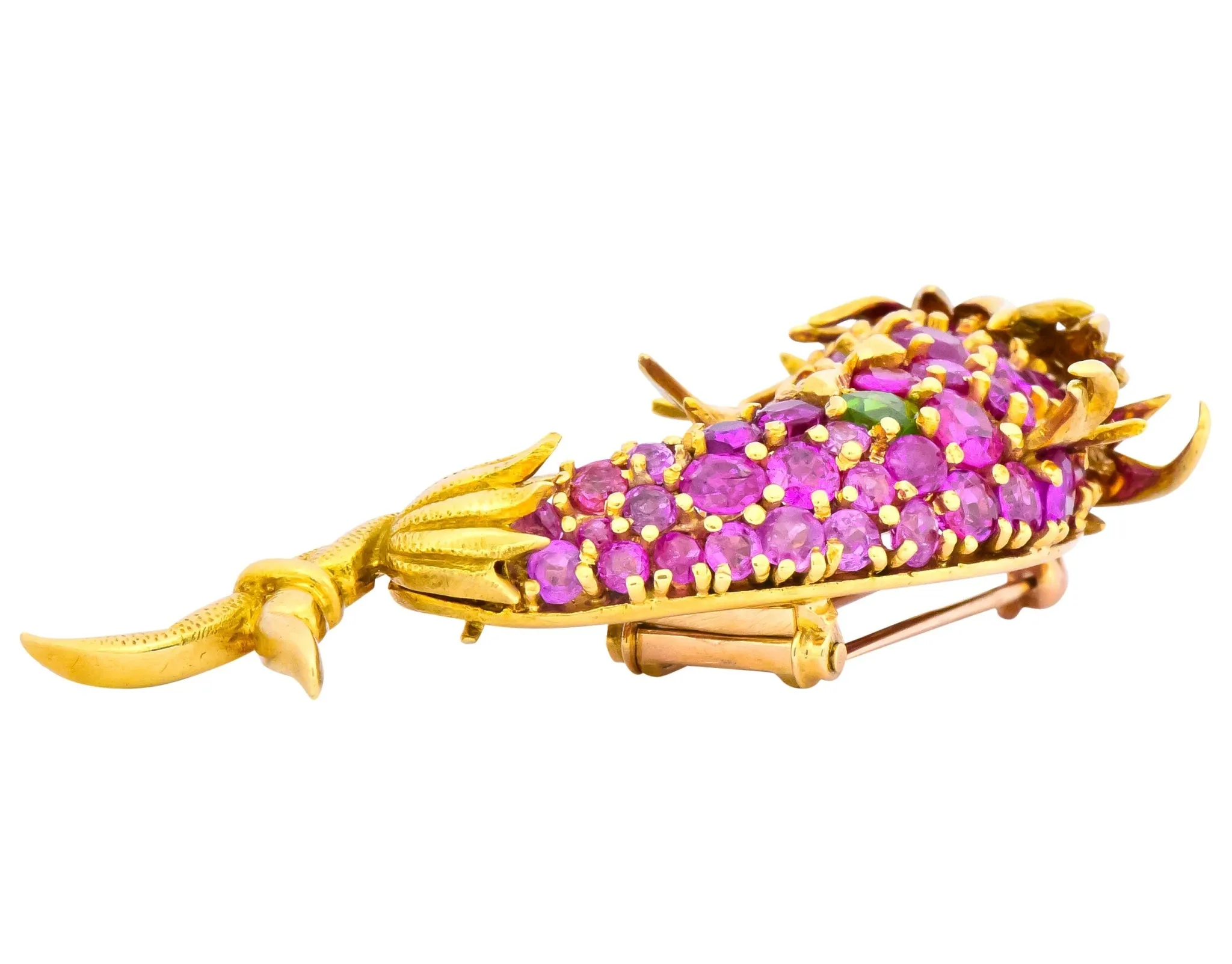 Jean Schlumberger Tiffany & Co. Retro 12.80 CTW Pink Sapphire Demantoid Garnet Enamel 18 Karat Gold Dolphin Fish Brooch