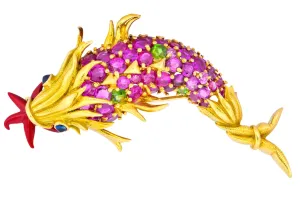 Jean Schlumberger Tiffany & Co. Retro 12.80 CTW Pink Sapphire Demantoid Garnet Enamel 18 Karat Gold Dolphin Fish Brooch