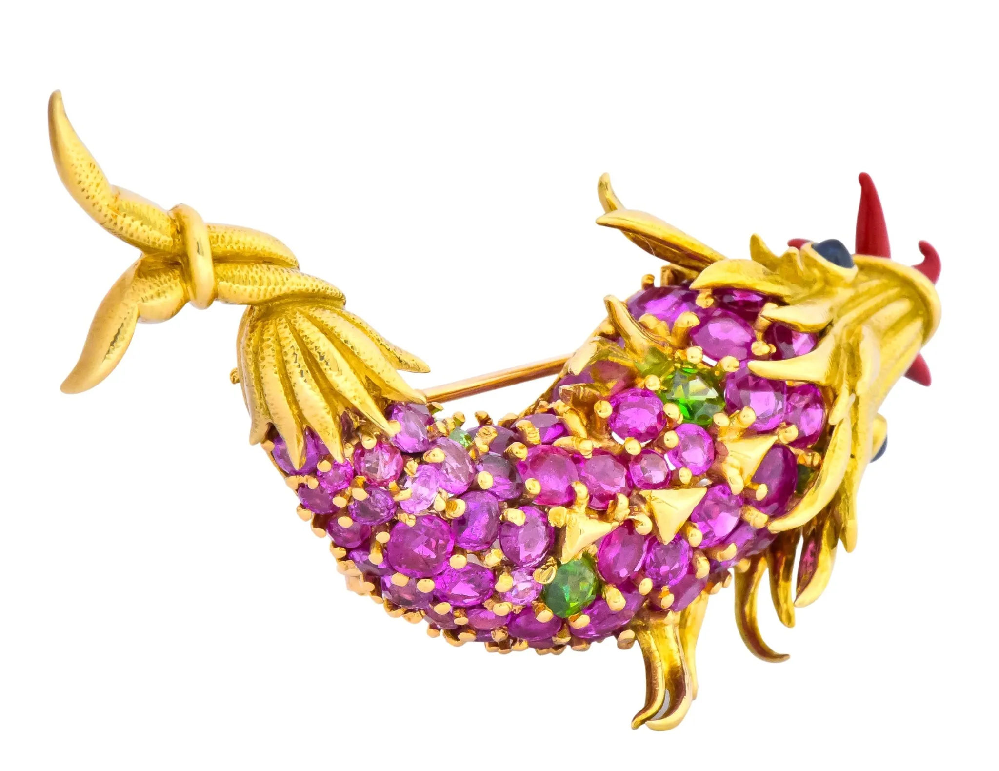 Jean Schlumberger Tiffany & Co. Retro 12.80 CTW Pink Sapphire Demantoid Garnet Enamel 18 Karat Gold Dolphin Fish Brooch