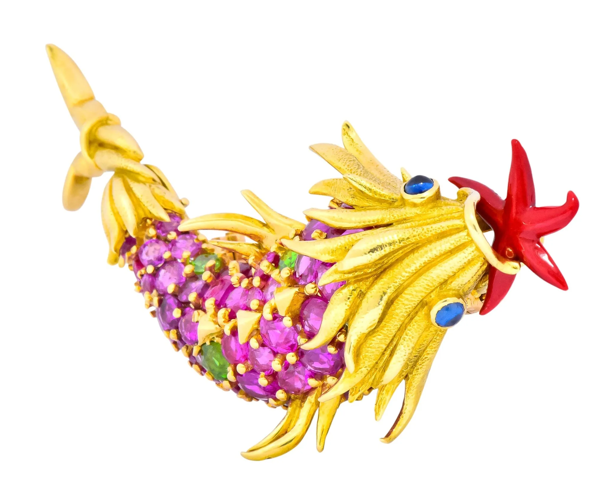 Jean Schlumberger Tiffany & Co. Retro 12.80 CTW Pink Sapphire Demantoid Garnet Enamel 18 Karat Gold Dolphin Fish Brooch